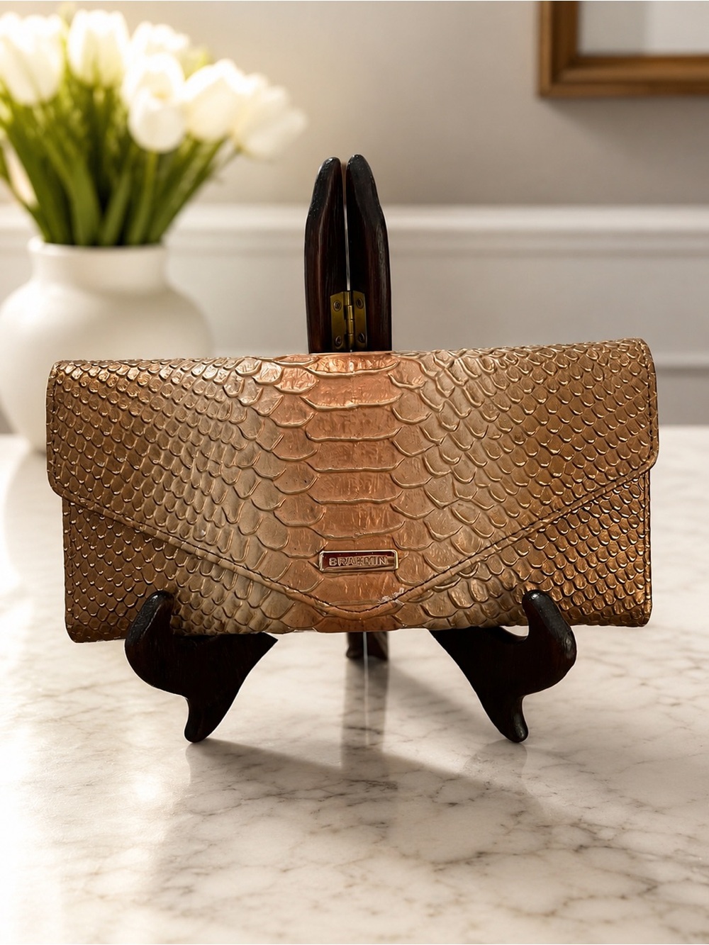 NWT, Brahmin Natural CocoBay Metallic Rose Gold Embossed Python Veronica Wallet